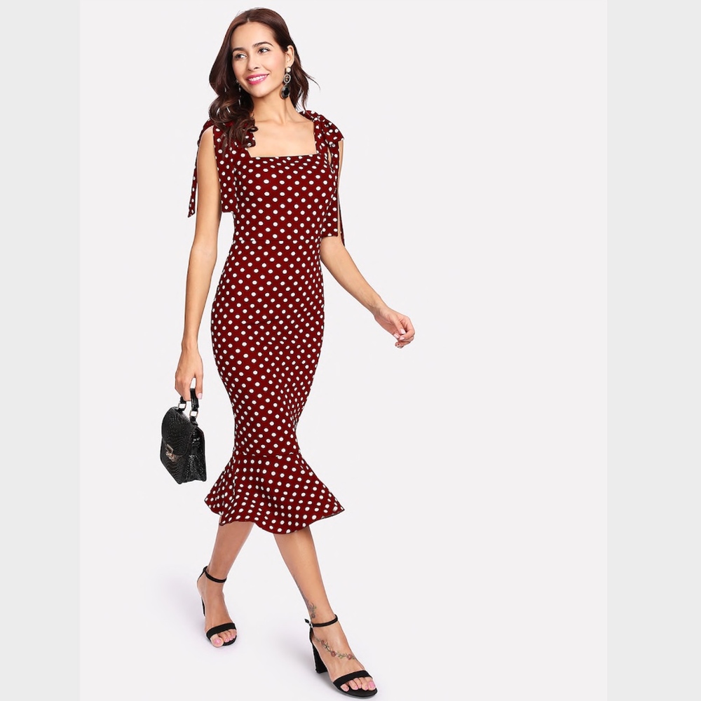 Polka Dot Mermaid Midi Dress Tie Straps Burgundy - Picture 5 of 8